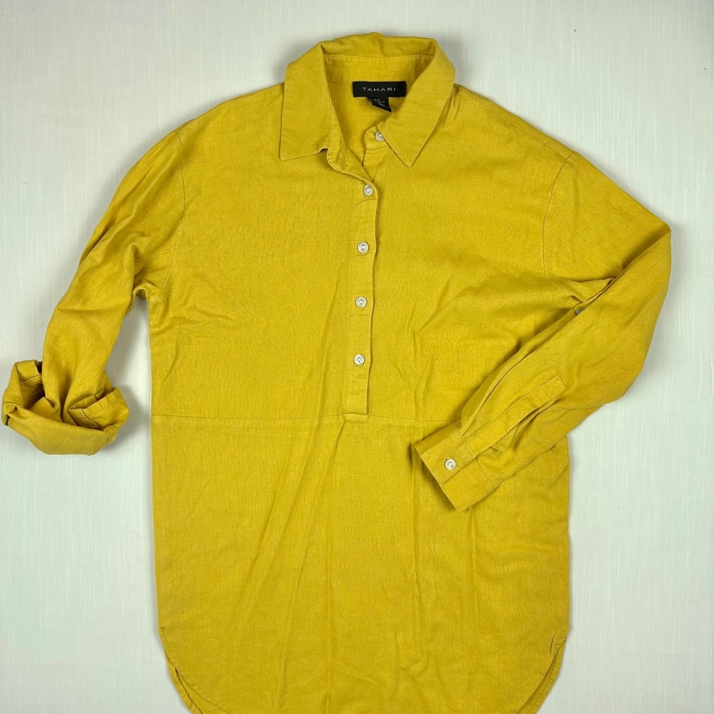 Tahari Womens Mustard Yellow Linen Blend Roll Tab Sleeve Tunic Top Size XS